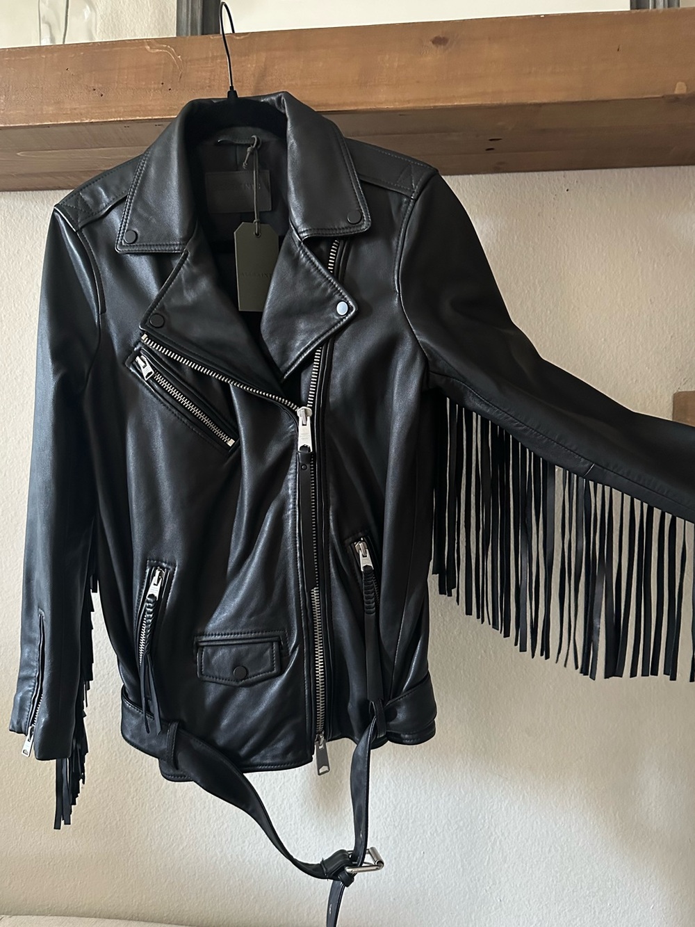 NWT AllSaints Billie Fringe Tassel Western Leather Biker Jacket, Black, Sz Small